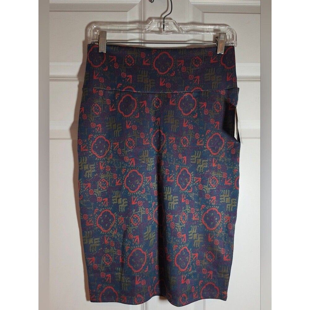 NWT Lularoe Cassie Patterned Pencil Skirt in Navy with Orange & Olive Motif S
